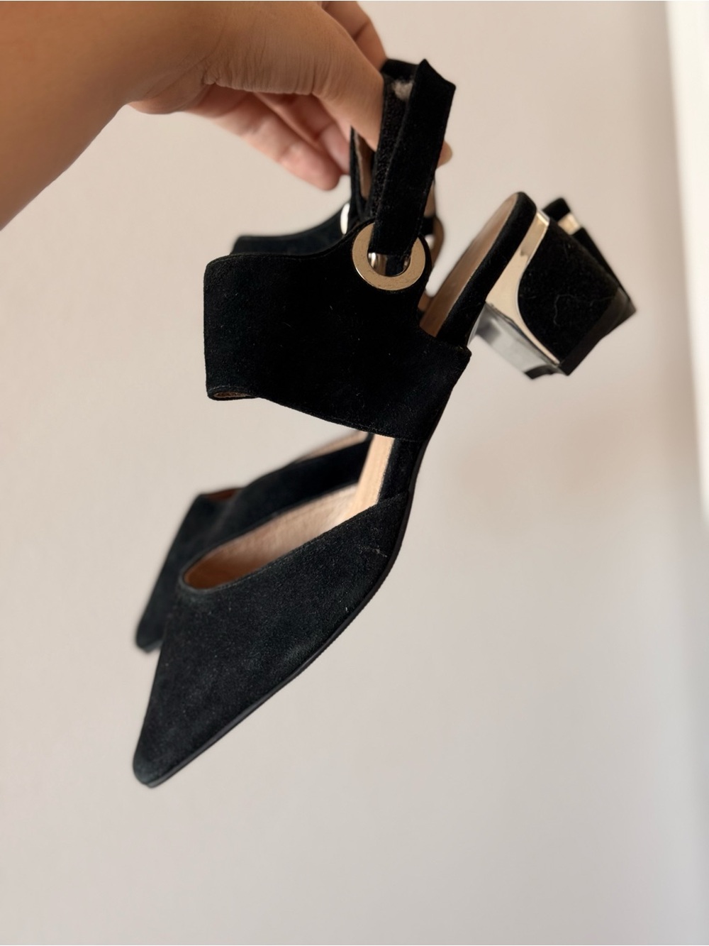 Hush Puppies Black Suede Pointed Slingback Heels with Metallic Eyelet - Picture 5 of 6
